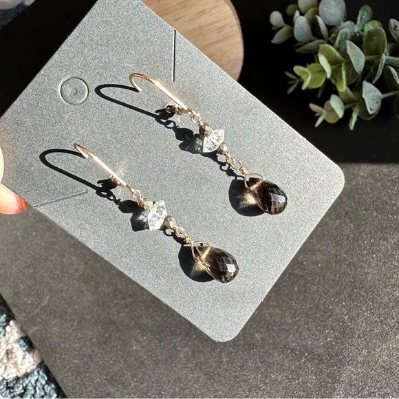 Herkimer Diamond and Smoky Quartz Earrings 14k Gold Lever back - Picture 8 of 11